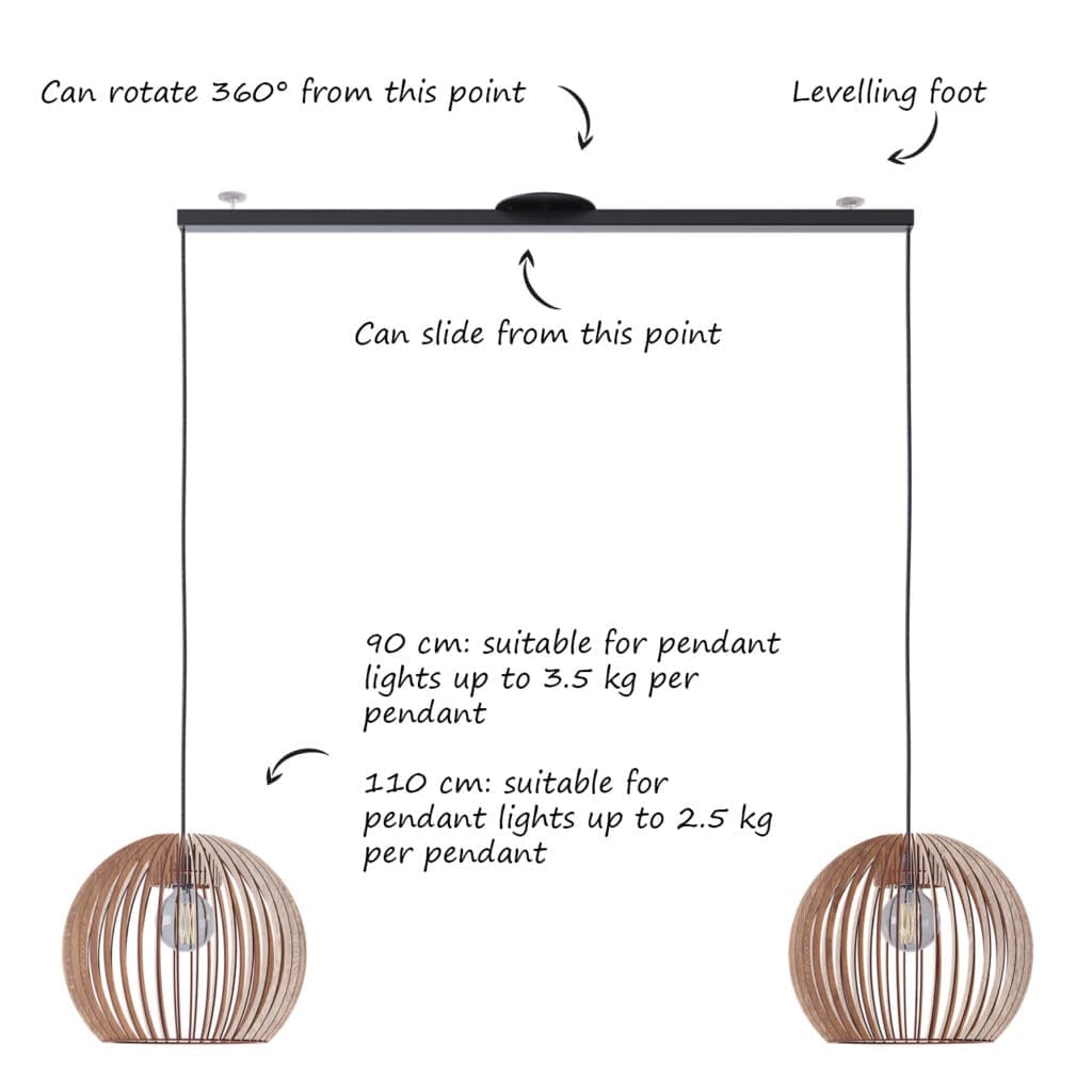 Lightswing product picture with text; - can rotate 360 degrees -levelling foot - can slide from middle - 90cm: suitable for pendant lights up to 3,5 kg - 110cm: suitable for pendant lights up to 2,5 kg