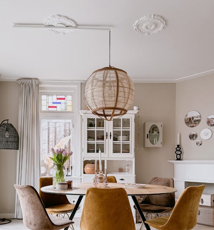 Lightswing and pendant lamp hanging from an ornament on the ceiling